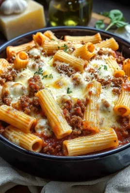Cheesy baked rigatoni with ground beef, served in a baking dish with melted cheese.