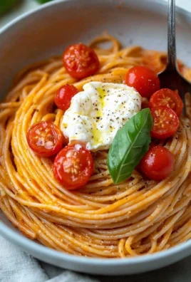 Creamy burrata pasta with cherry tomatoes garnished with basil