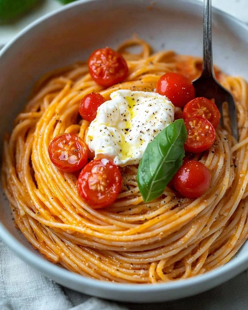 Creamy burrata pasta with cherry tomatoes garnished with basil