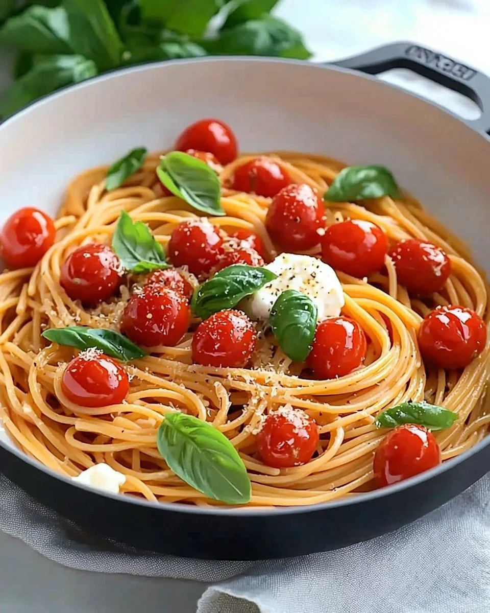 Delicious bowl of cherry tomato pasta with basil and parmesan