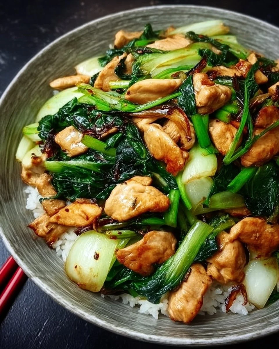 Chicken Bok Choy Stir Fry with colorful vegetables and tender chicken pieces