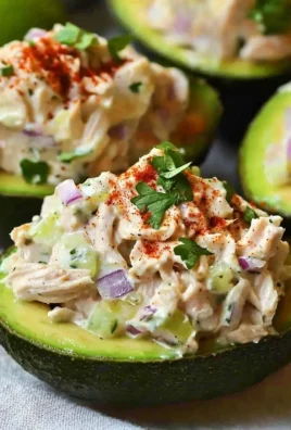 Chicken salad stuffed avocado on a plate, garnished and ready to serve.
