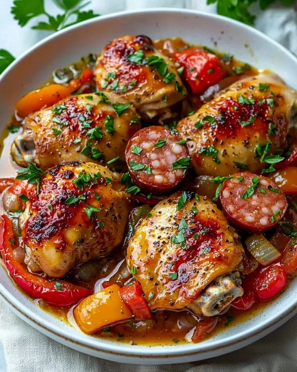Delicious Chicken Scarpariello served with peppers and herbs.