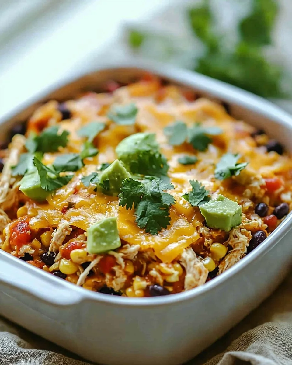 Delicious Chicken Taco Casserole topped with cheese and veggies