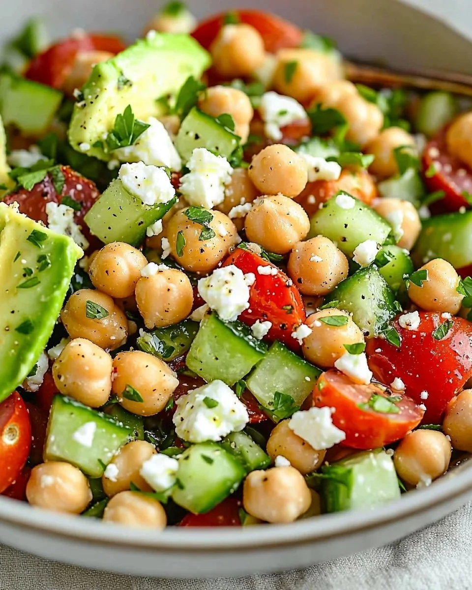 Colorful chickpea salad with fresh vegetables and herbs in a bowl