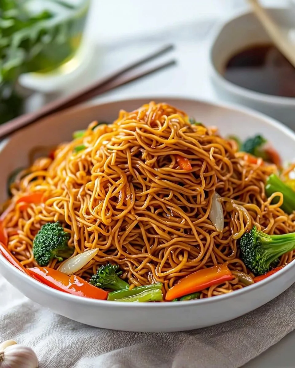 Bowl of Classic Chinese Chow Mein with vegetables and noodles