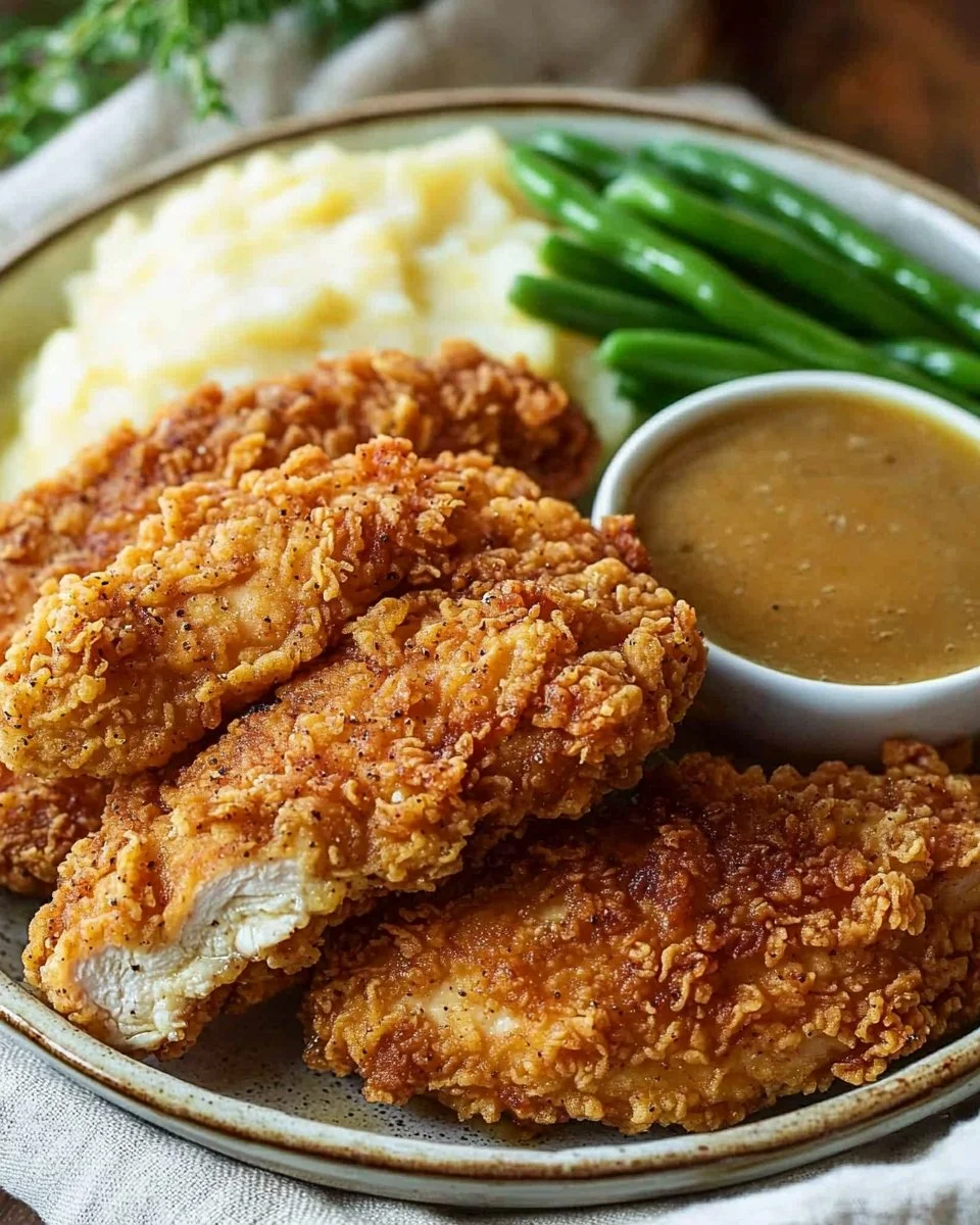 Deliciously crispy Country Fried Chicken Breast served with sides