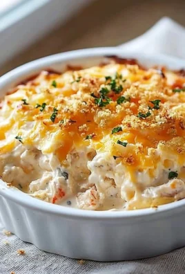 Delicious crab casserole topped with breadcrumbs and herbs, served in a baking dish.