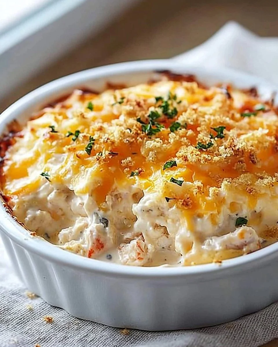 Delicious crab casserole topped with breadcrumbs and herbs, served in a baking dish.