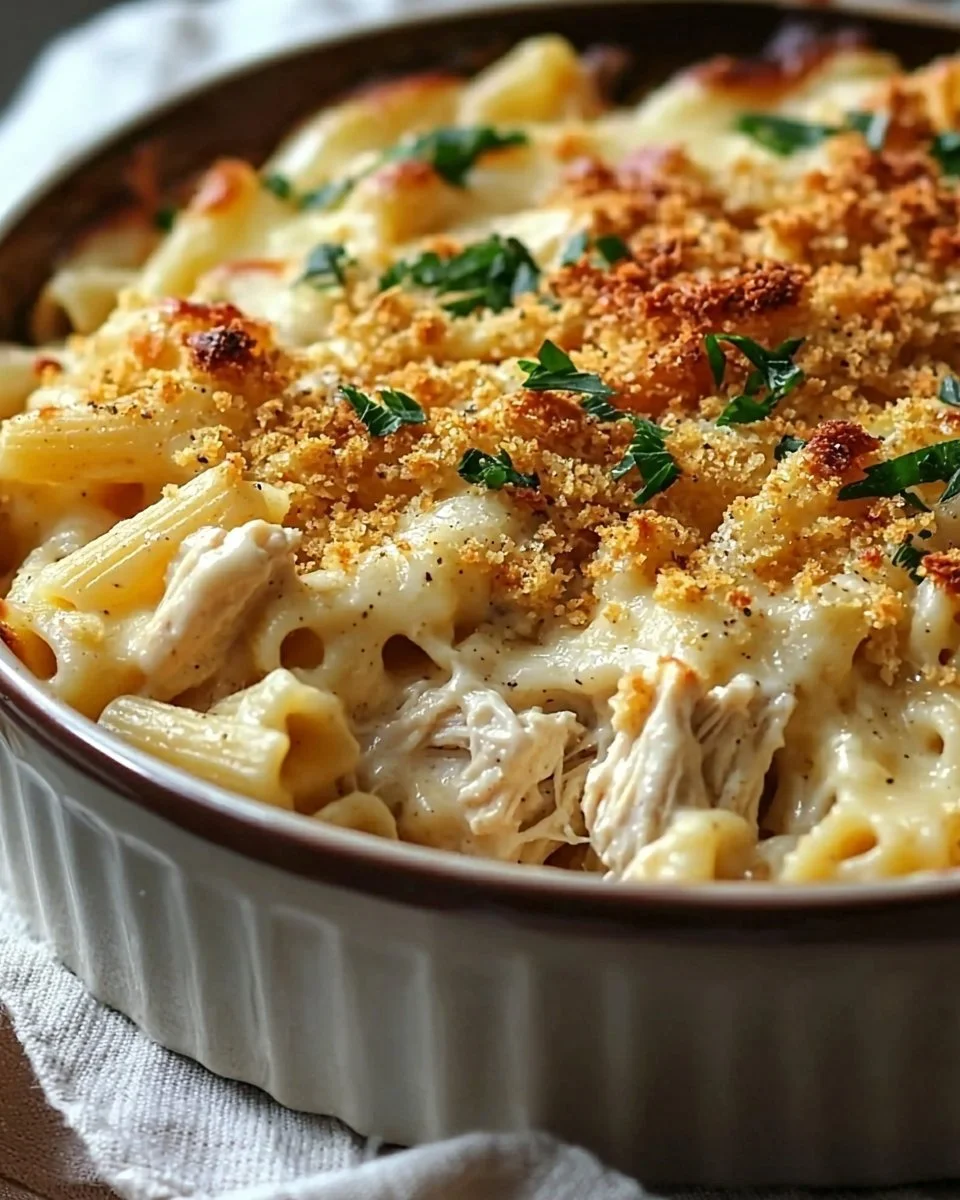 Delicious chicken pasta casserole baked with creamy sauce and cheese.