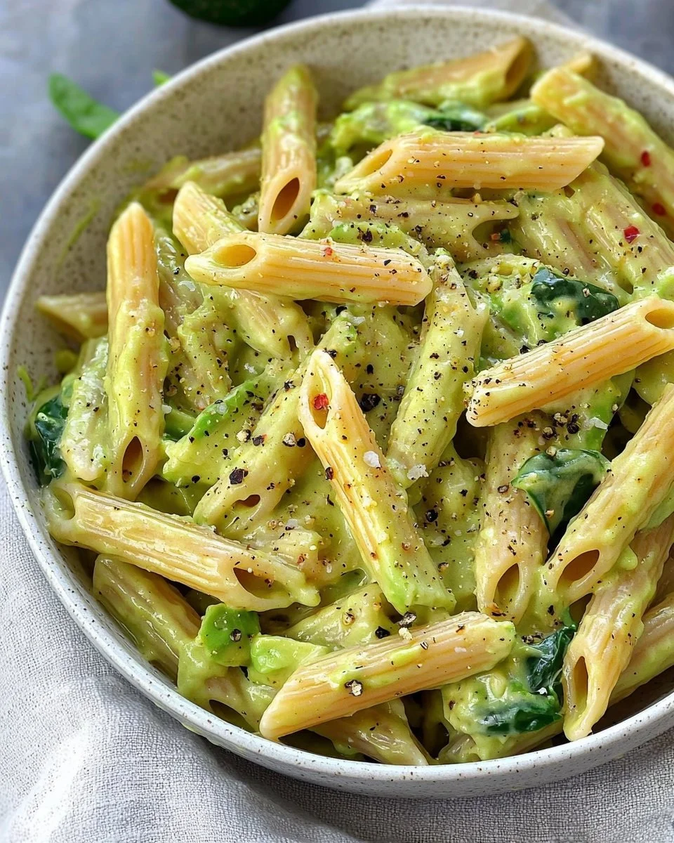 Creamy avocado pasta dish topped with fresh herbs