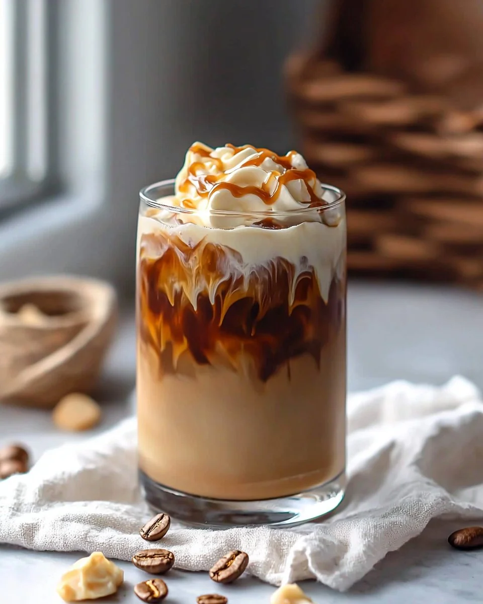 A delicious creamy caramel iced coffee topped with whipped cream and caramel drizzle.