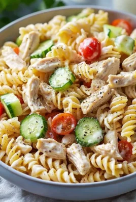 Creamy chicken pasta salad in a bowl with fresh vegetables and dressing