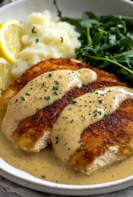 Creamy chicken schnitzel served with rich sauce on a plate
