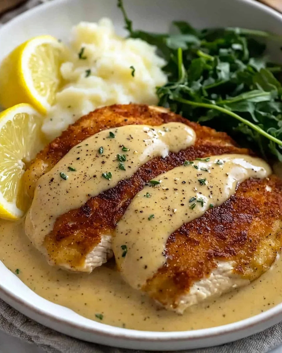 Creamy chicken schnitzel served with rich sauce on a plate