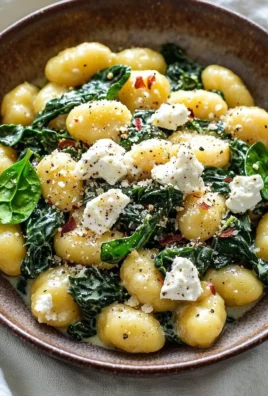 Plate of creamy gnocchi with spinach and feta cheese, garnished with herbs