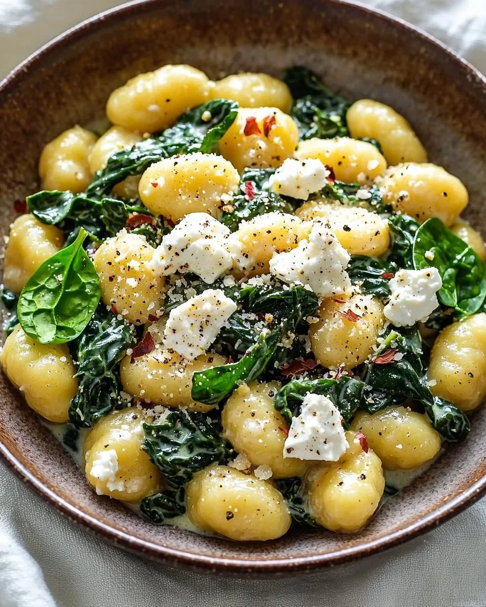 Plate of creamy gnocchi with spinach and feta cheese, garnished with herbs