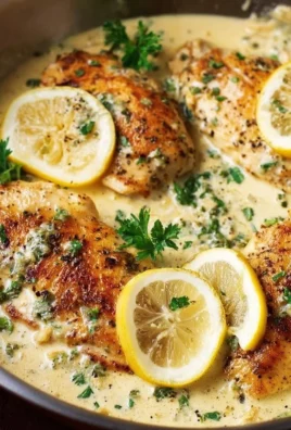 Creamy lemon chicken dish with vibrant sauce and tender pieces of chicken on a plate