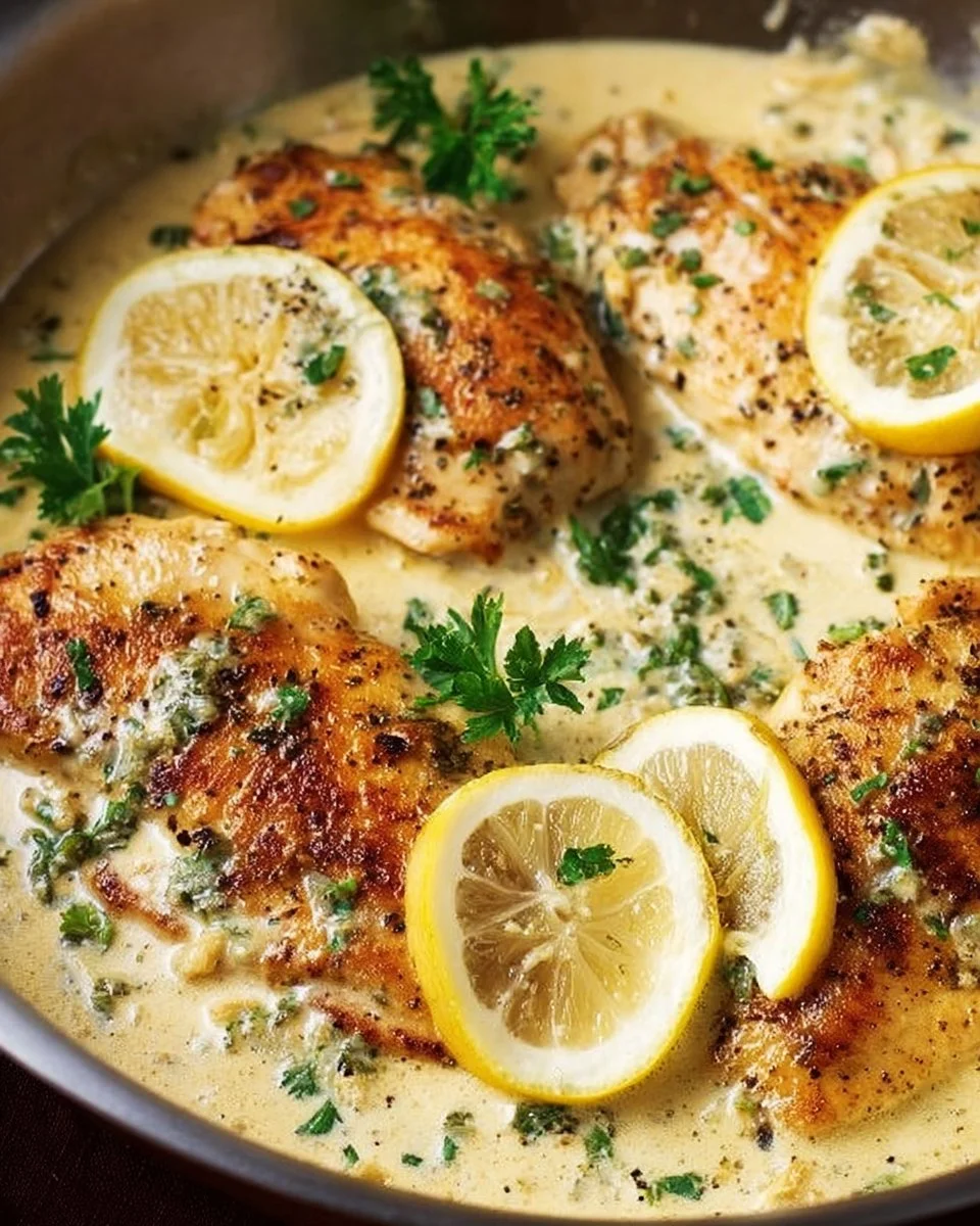 Creamy lemon chicken dish with vibrant sauce and tender pieces of chicken on a plate