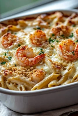 Creamy shrimp and crab alfredo pasta bake with a golden cheese crust