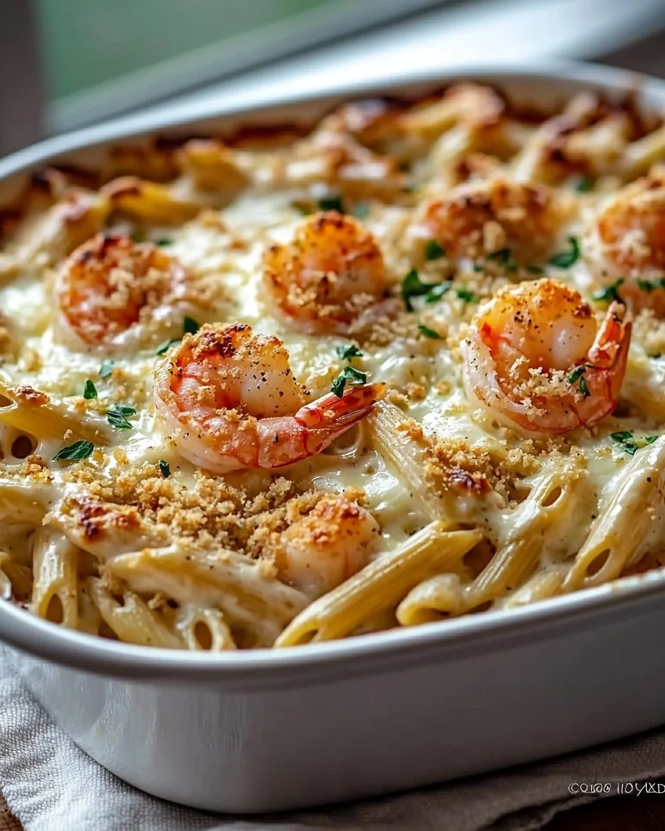 Creamy Shrimp And Crab Alfredo Pasta Bake With Cheese Crust