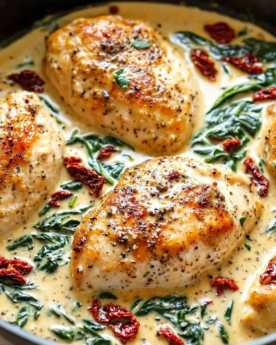 Creamy Tuscan Chicken with sun-dried tomatoes in a skillet
