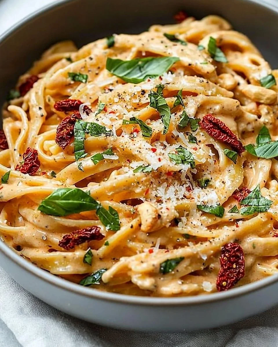 Creamy vegan sun-dried tomato pasta dish garnished with fresh herbs