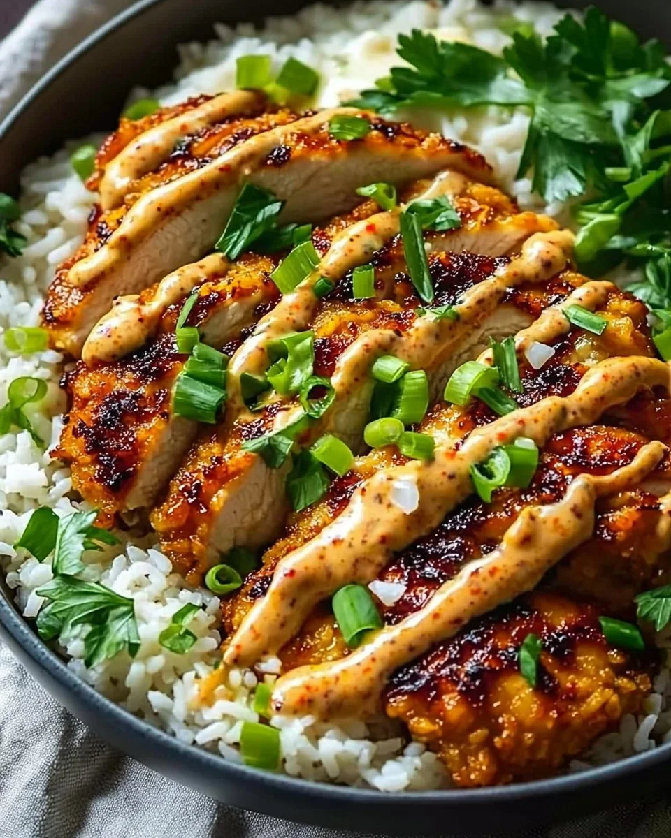 Crispy Chicken with Creamy Spicy Sauce and Jasmine Rice
