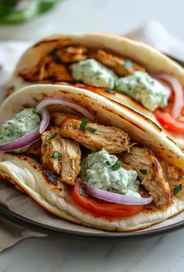 Crockpot Greek Chicken Pitas topped with fresh tzatziki sauce.