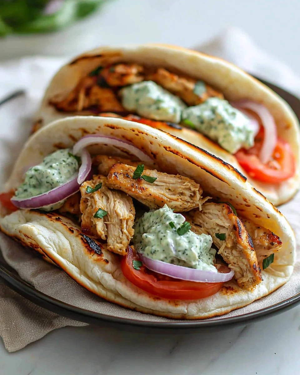 Crockpot Greek Chicken Pitas topped with fresh tzatziki sauce.
