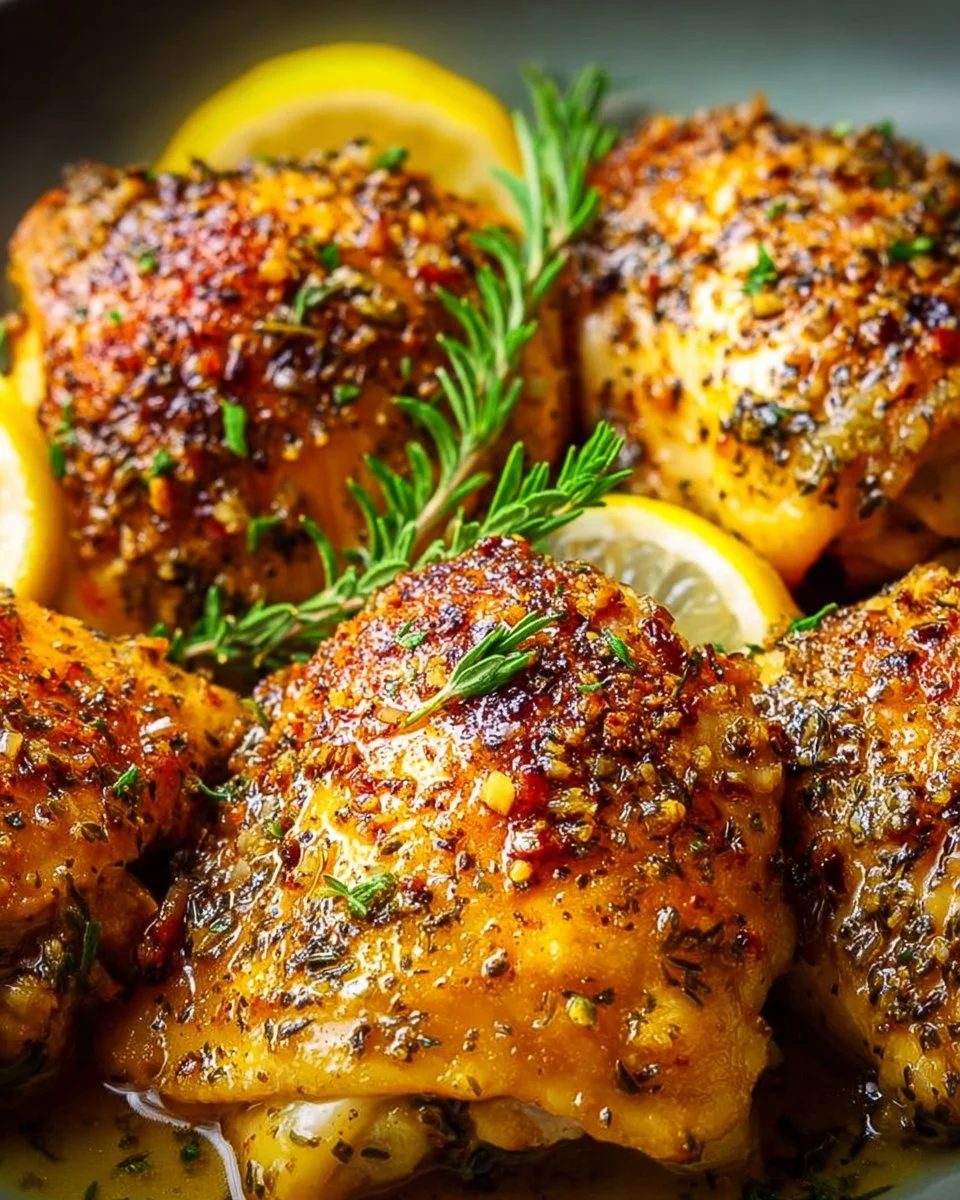 Delicious Crockpot Lemon Garlic Chicken served on a plate with herbs.