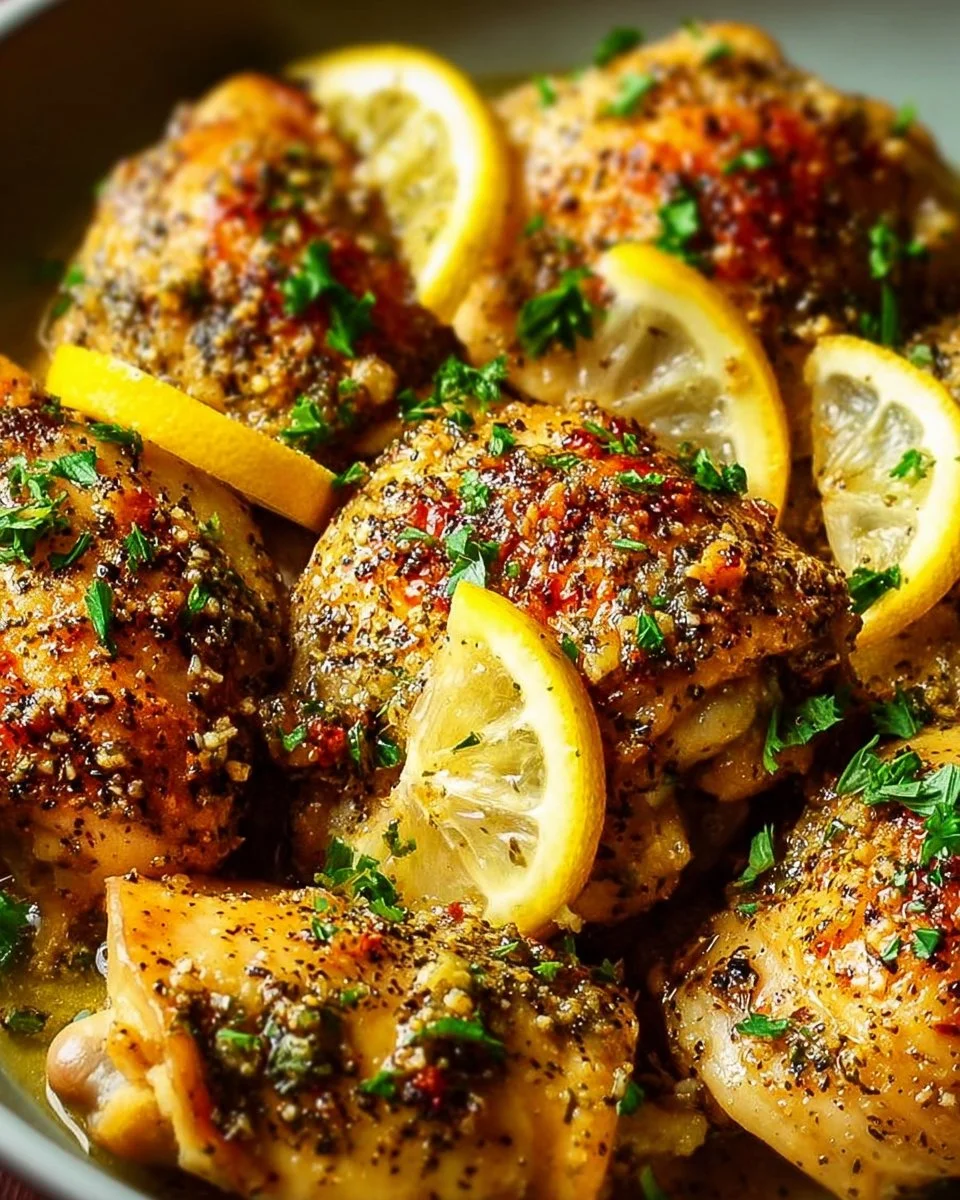 Crockpot Lemon Garlic Chicken served with herbs and lemon slices