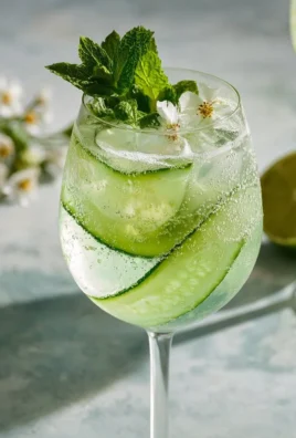 Cucumber Elderflower Spritz mocktail served in a glass with cucumber slices.