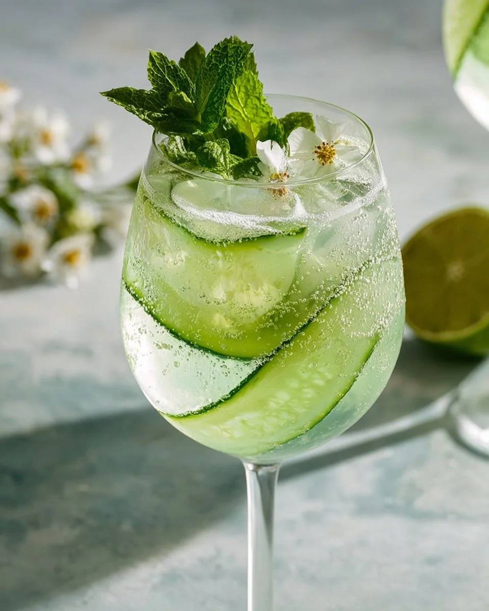 Cucumber Elderflower Spritz mocktail served in a glass with cucumber slices.