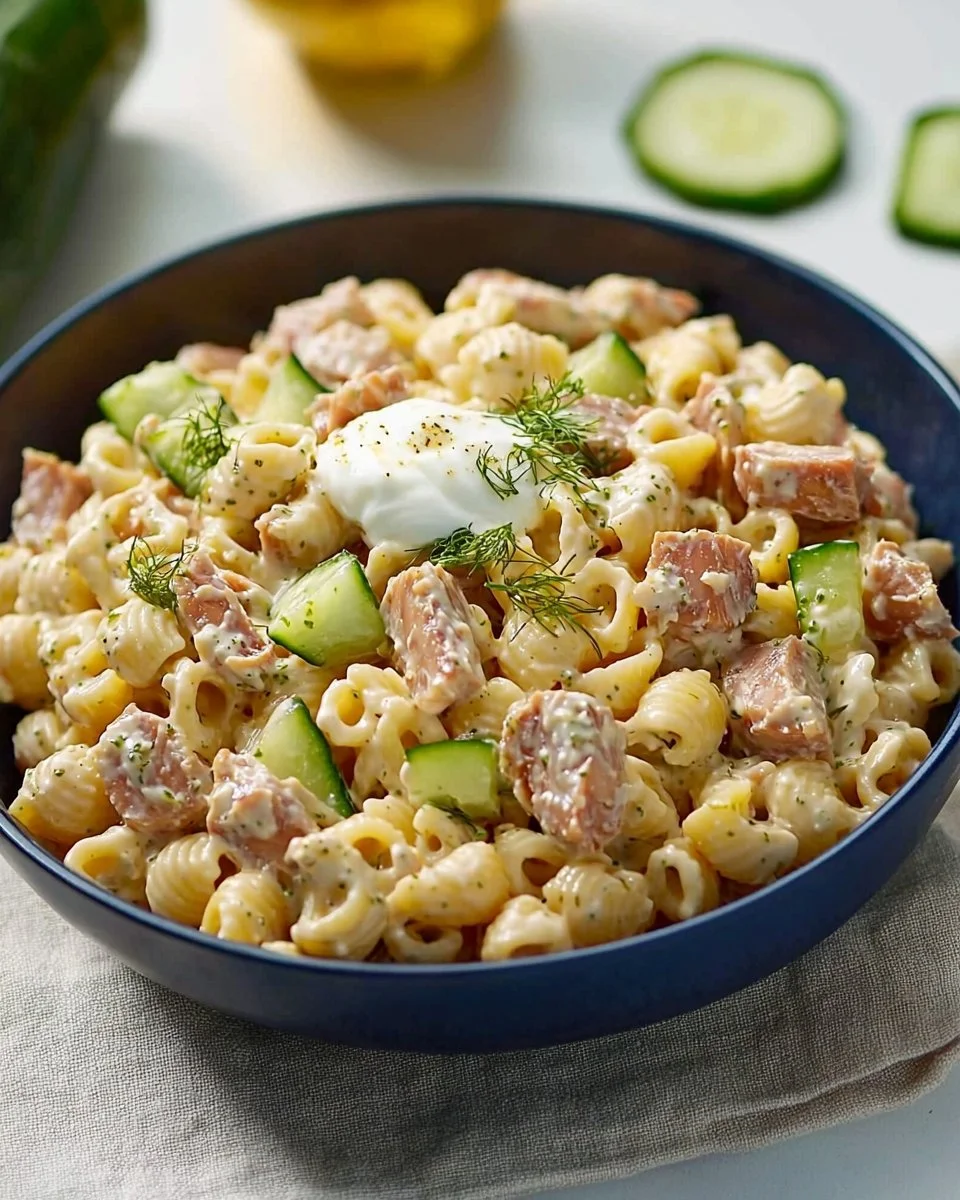 Delicious Dill Pickle Tuna Pasta Salad served in a bowl with fresh ingredients