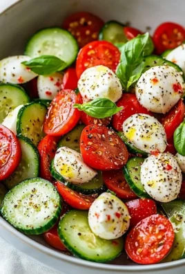 Easy Cucumber Caprese Salad with tomatoes, mozzarella, and basil on a plate.