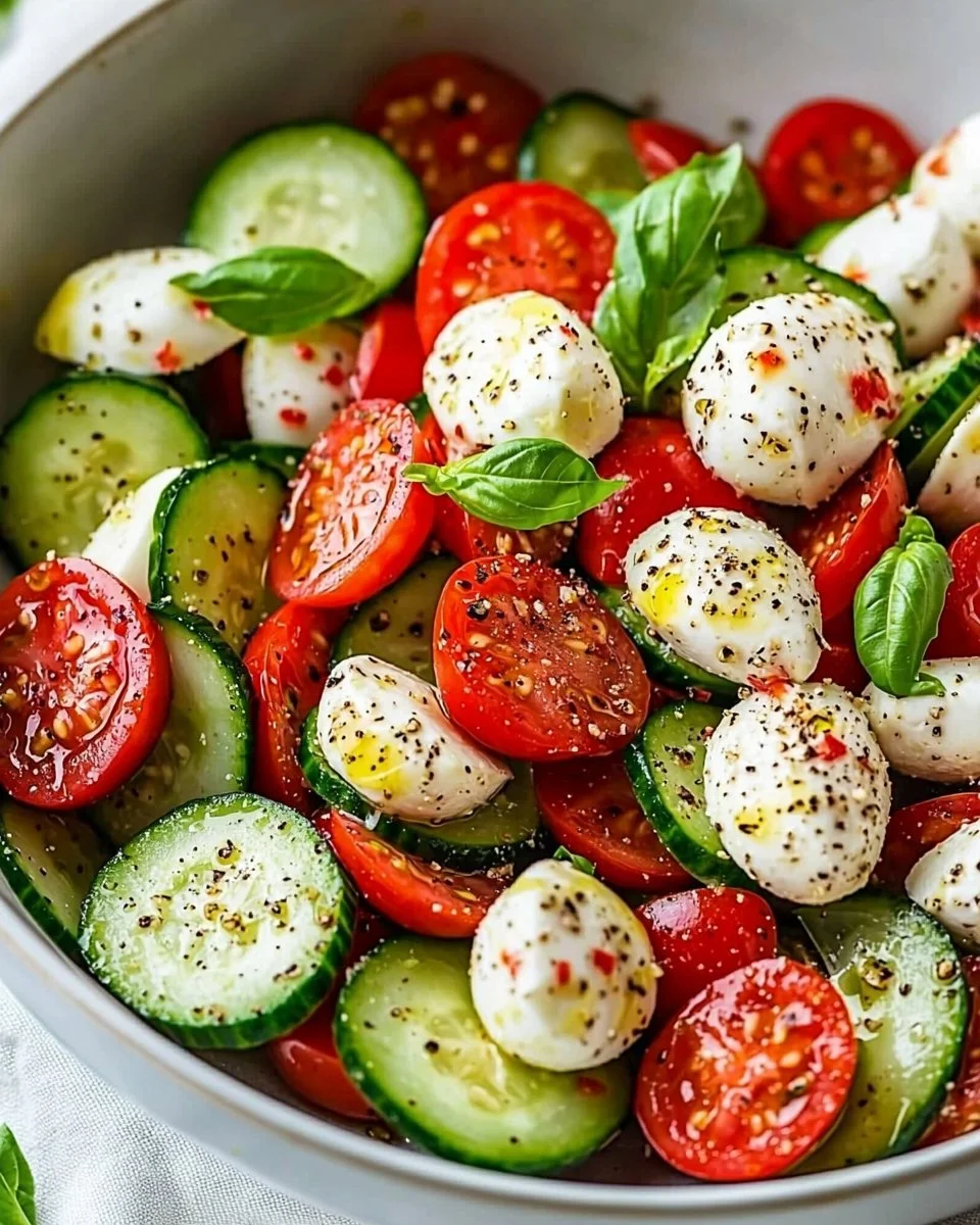 Easy Cucumber Caprese Salad with tomatoes, mozzarella, and basil on a plate.