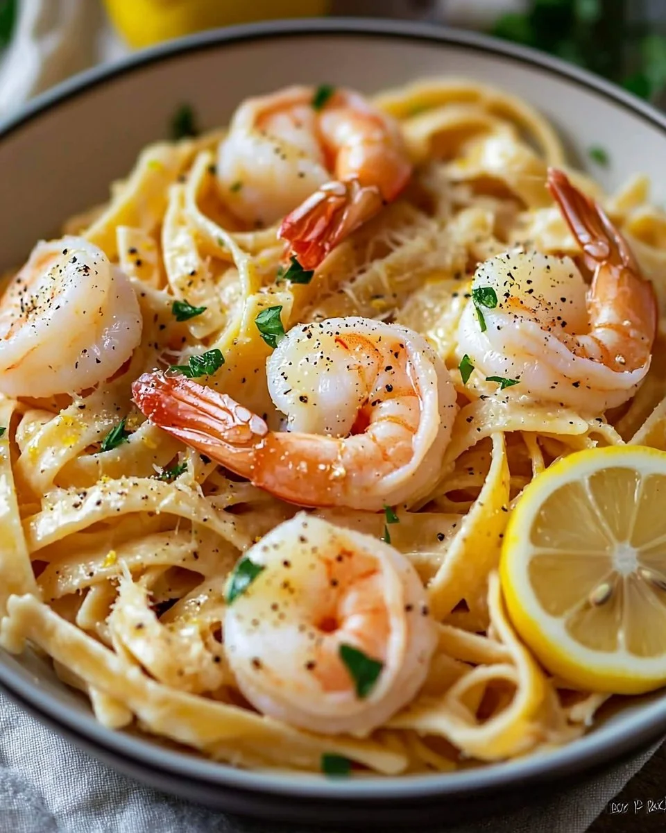 Plate of easy garlic butter shrimp pasta garnished with parsley