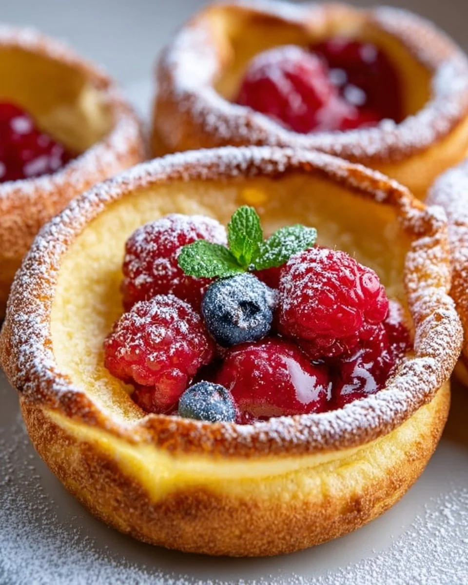 Delicious mini Dutch baby pancakes with fresh fruit and powdered sugar