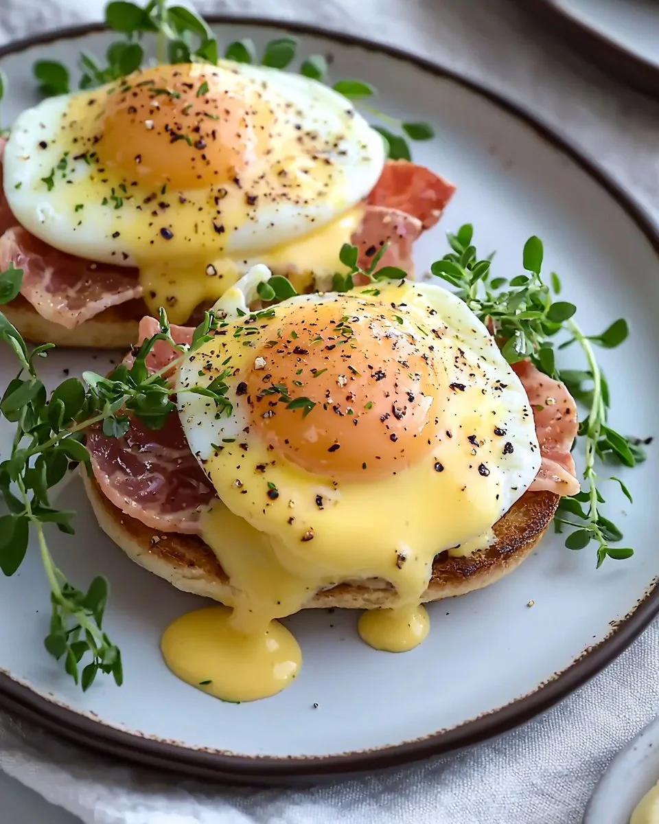 Delicious Egg Benedict topped with hollandaise sauce and poached eggs