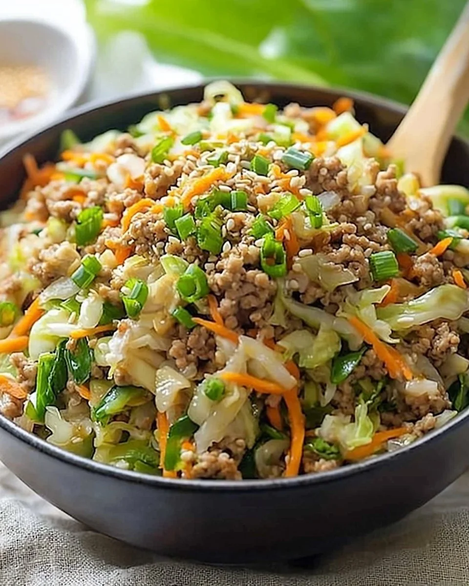 Delicious Egg Roll in a Bowl recipe with fresh vegetables and savory pork.