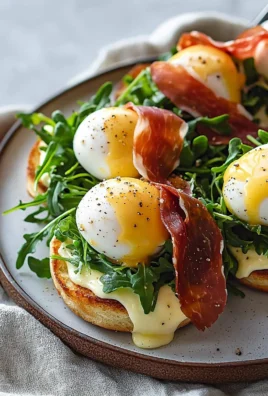 Eggs Benedict topped with crispy prosciutto served with a fresh arugula salad.