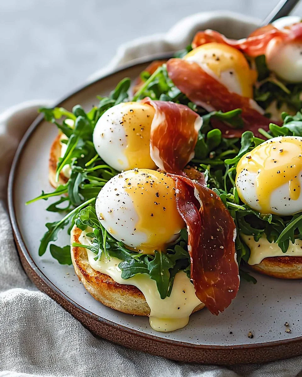 Eggs Benedict topped with crispy prosciutto served with a fresh arugula salad.