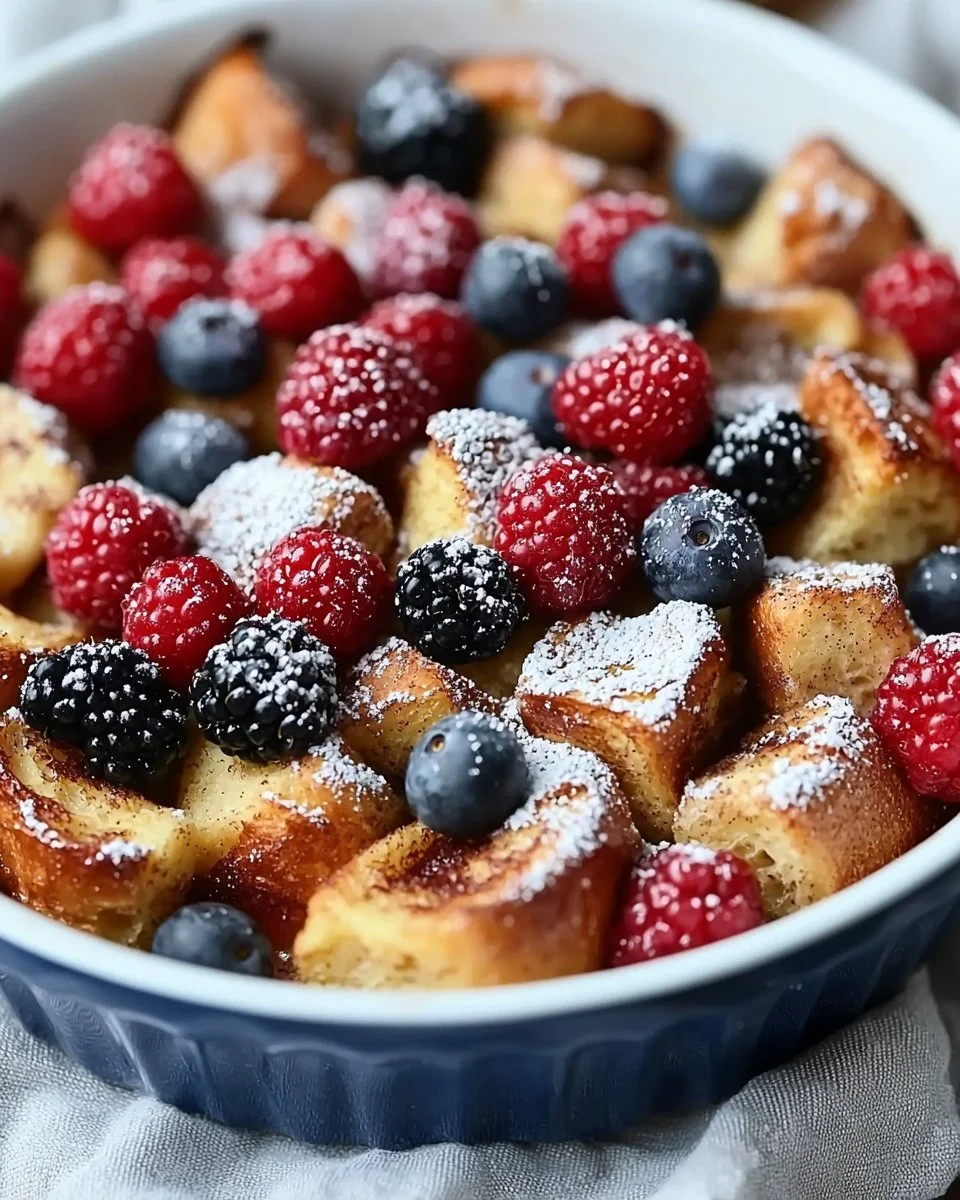 Deliciously baked French Toast Casserole topped with syrup and berries