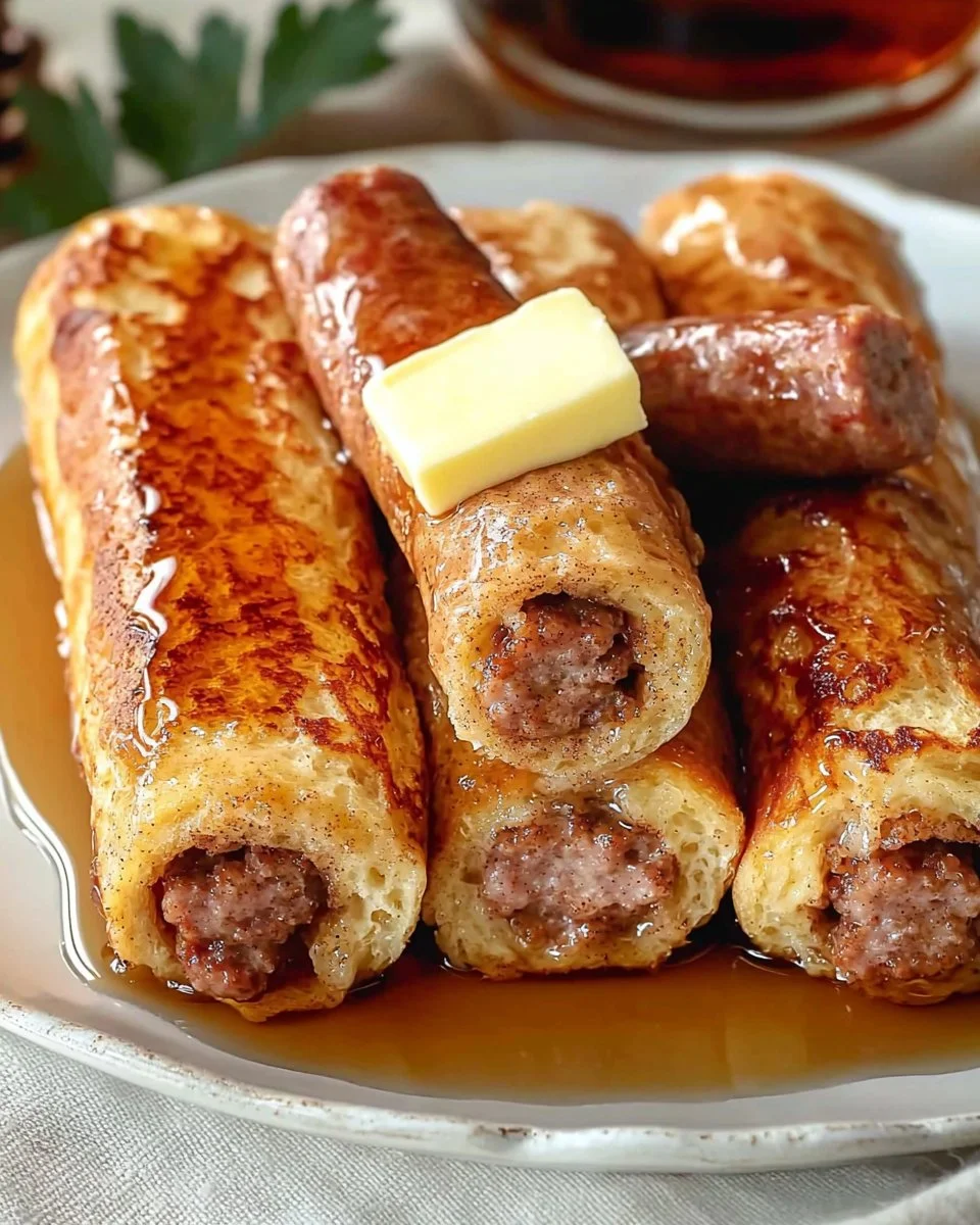 Delicious French Toast Roll-Ups filled with cream cheese and topped with syrup