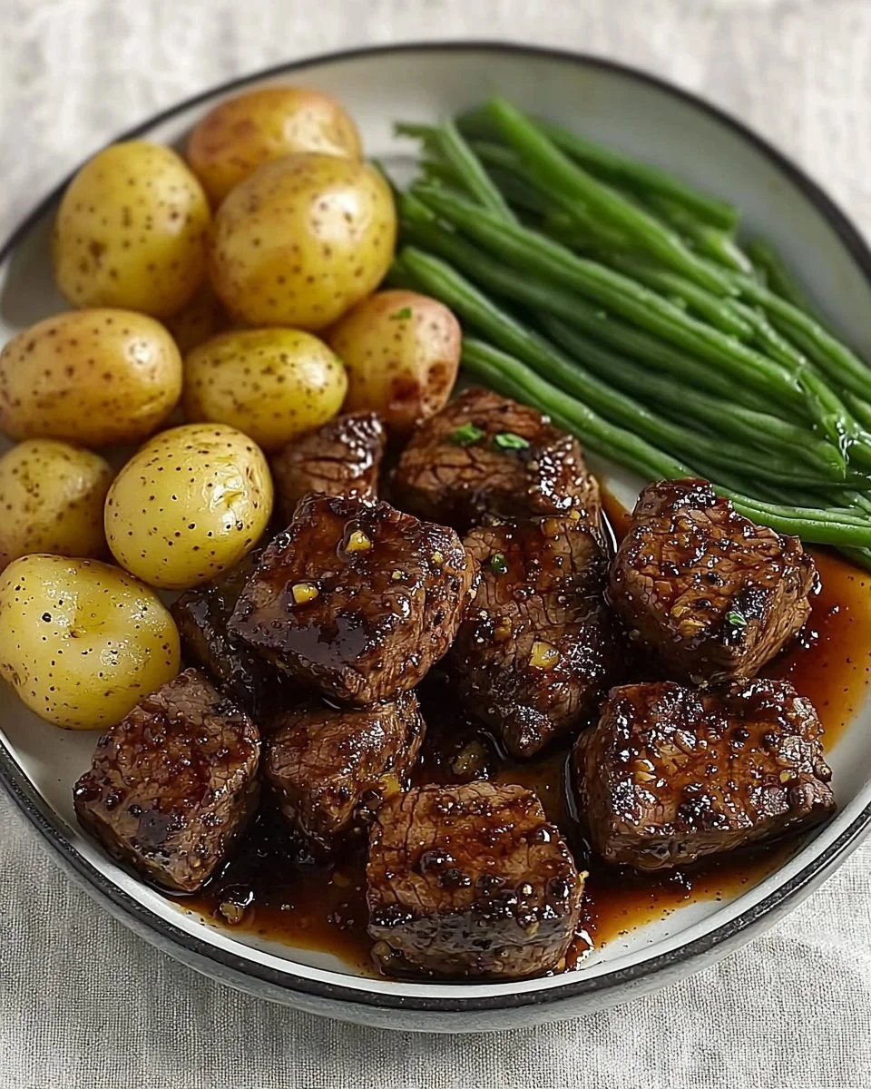 Delicious garlic balsamic steak bites served on a plate.