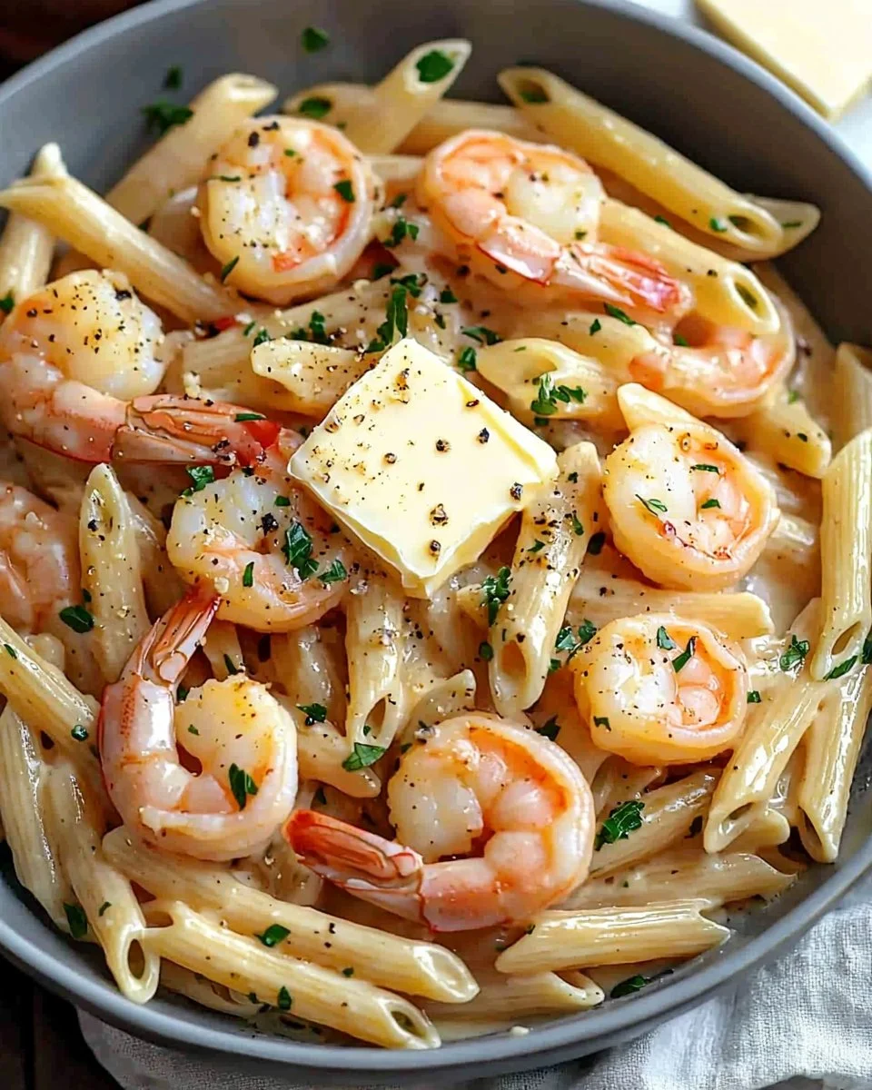 Delicious Garlic Butter Shrimp Penne Pasta with succulent shrimp and rich sauce