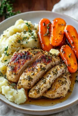 Plate of Garlic Herb Chicken served with mashed potatoes and glazed carrots.