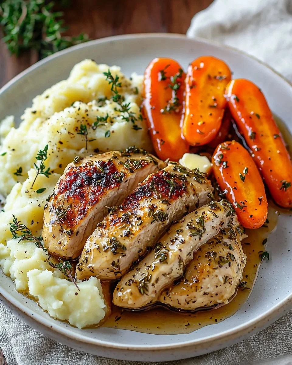 Garlic Herb Chicken with Mashed Potatoes and Glazed Carrots