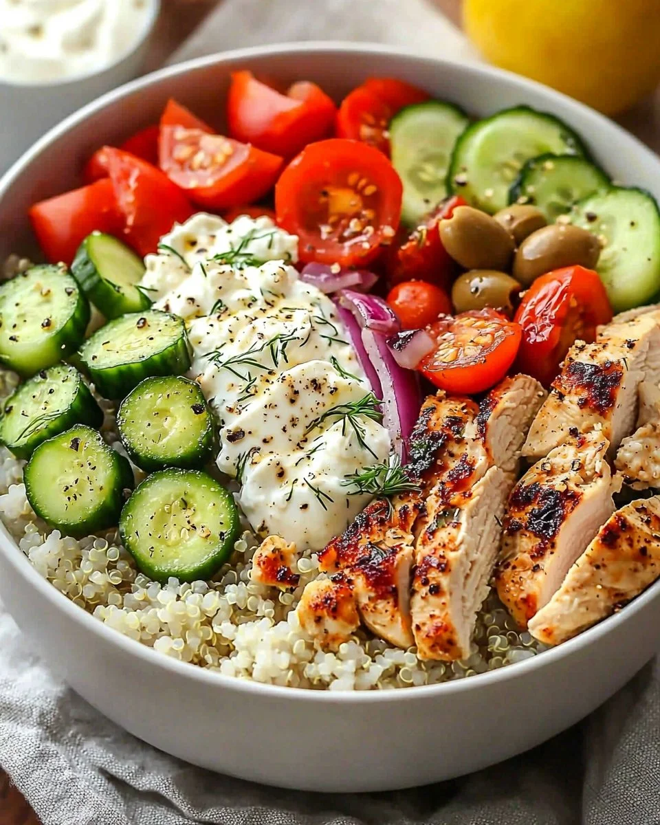 Delicious Greek Chicken Bowls with fresh vegetables and feta cheese